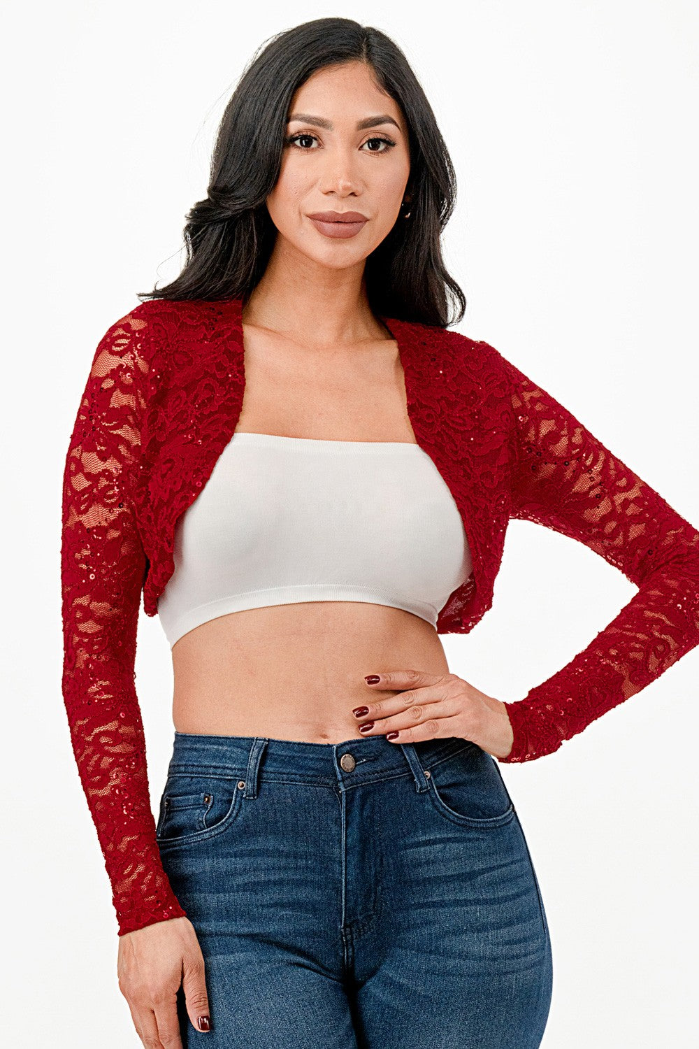 Sequence Lace, draped neckline, long sleeve, open front, cropped jacket. Lace shrug Evening bolero