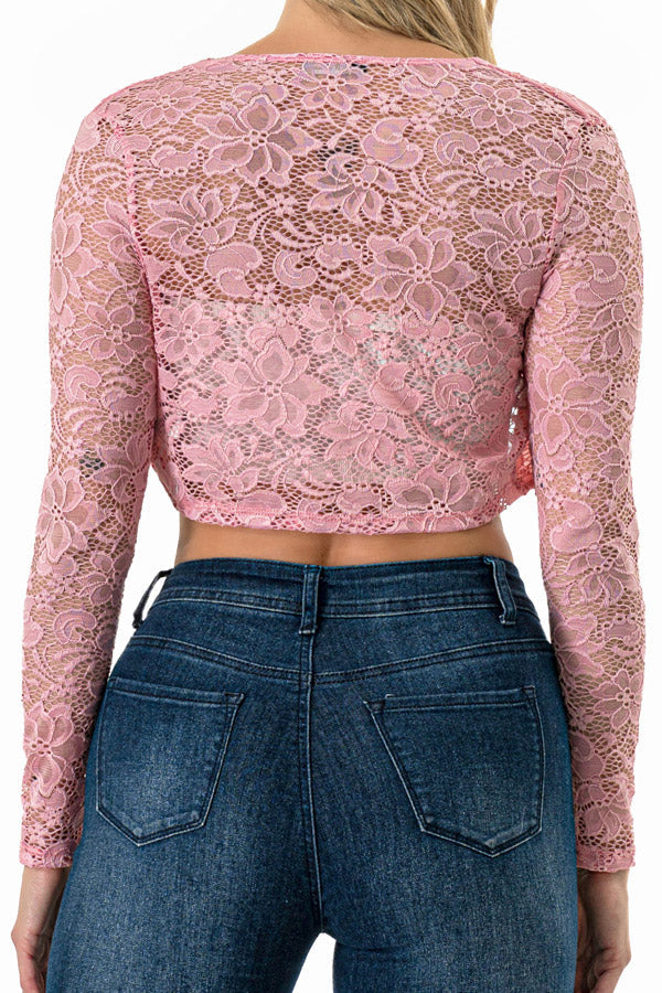 Lace, draped neckline, long sleeve, open front, cropped jacket.