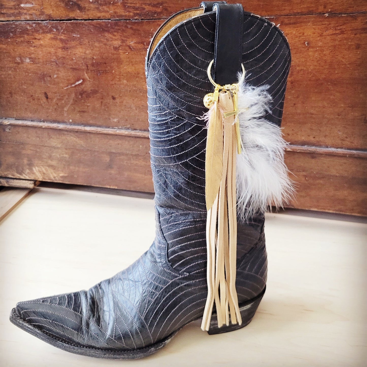 Boho Western Leather Boot Bling Charm Gold Cross 500q