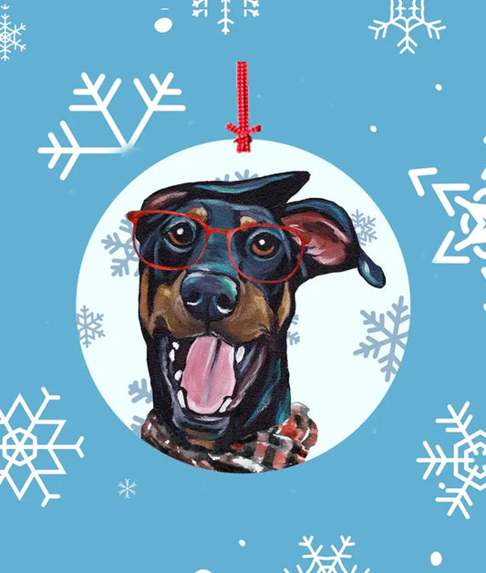 Doberman B/T Uncropped - Hippie Hound Studios Christmas Tree Ornament