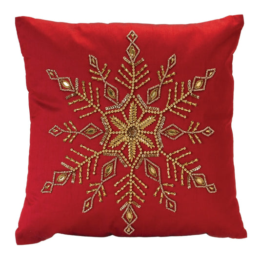 Beaded Snowflake Holiday Pillow - Pack Of: 1 unit | Materials: Polyester | Colors: Red; gold | Décor style: Traditional