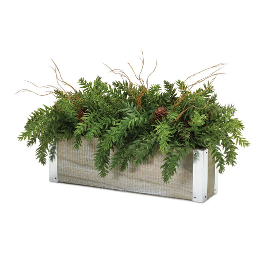 Winter Pine Centerpiece in Wood Planter - Materials: Plastic | Colors: Green; brown | Décor style: Rustic