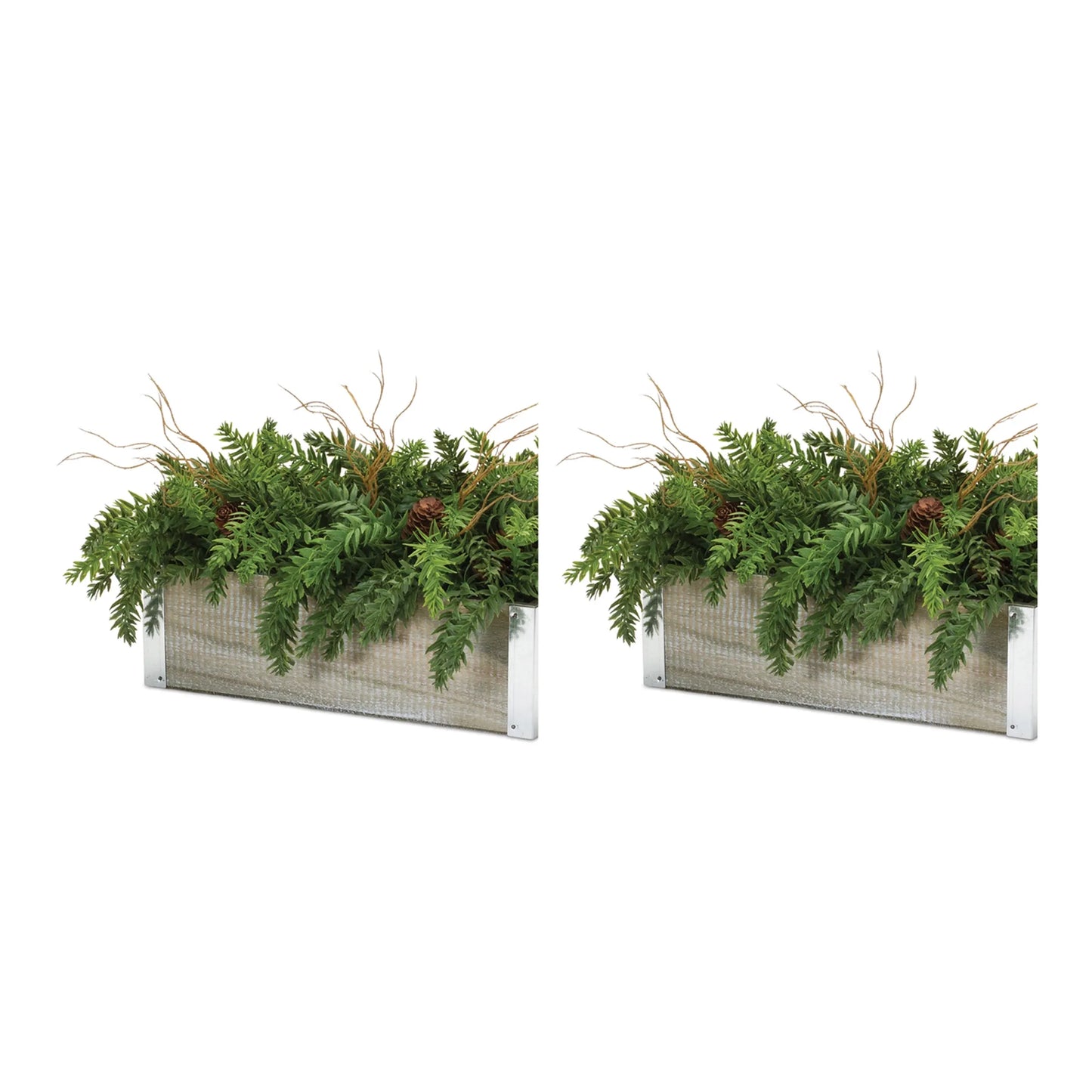 Winter Pine Centerpiece in Wood Planter - Materials: Plastic | Colors: Green; brown | Décor style: Rustic