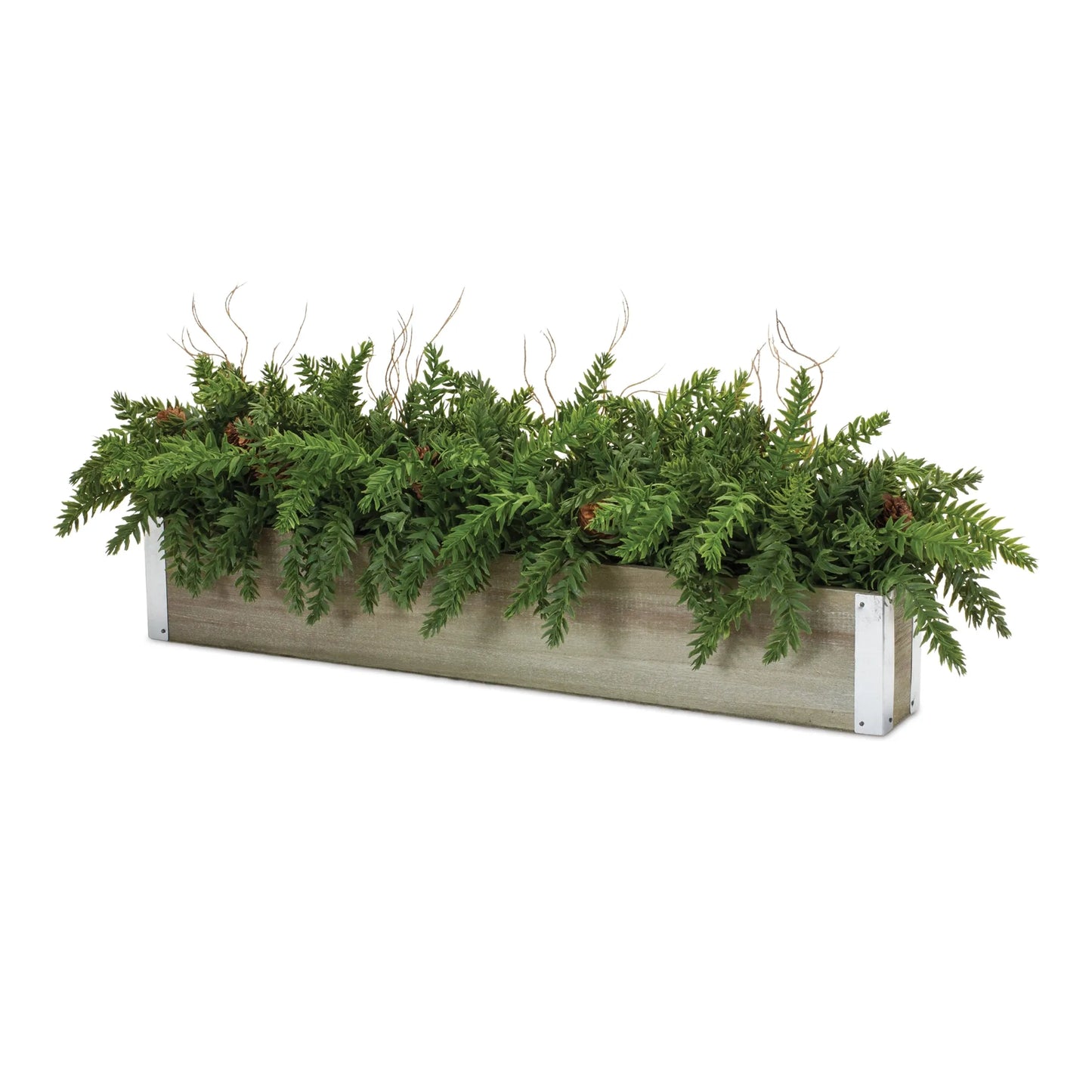 Winter Pine Centerpiece in Wood Planter - Materials: Plastic | Colors: Green; brown | Décor style: Rustic