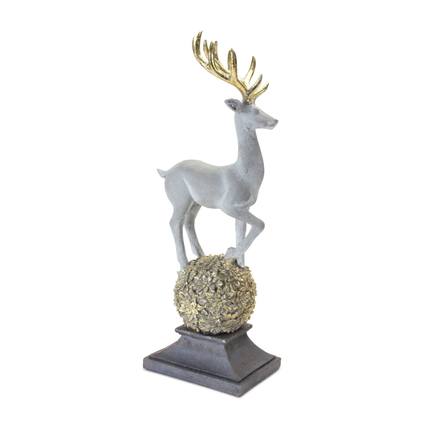 Winter Deer Figurine on Orb  - Size: 14"H | Pack Of: 1 unit | Materials: Resin; stone powder | Décor  style: Rustic