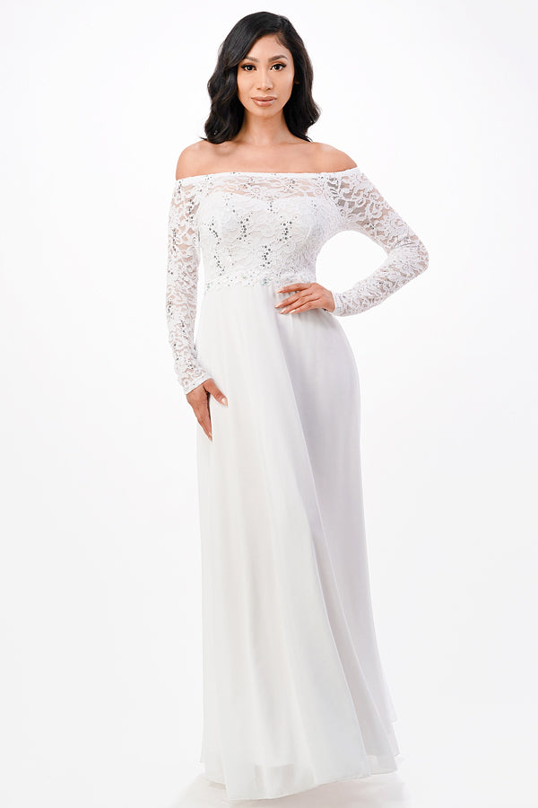 Long sleeve lace and chiffon A-line gown with waist lace embellishment.