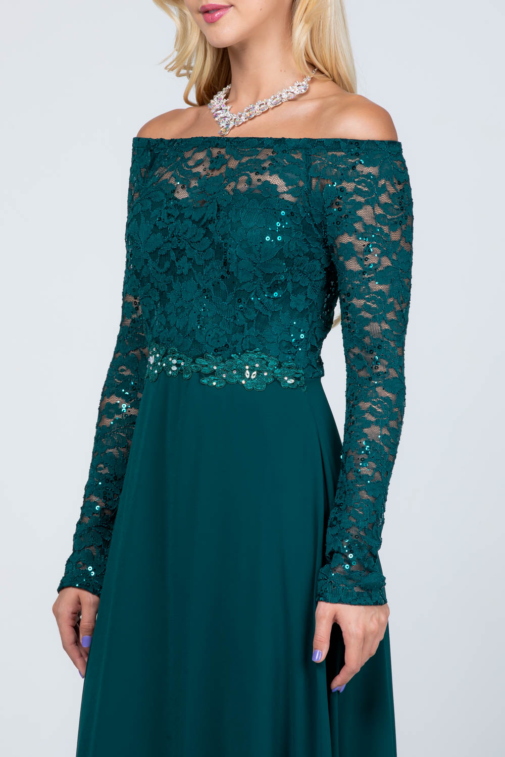 Plus Size long sleeve lace and chiffon gown with waist lace embellishment.