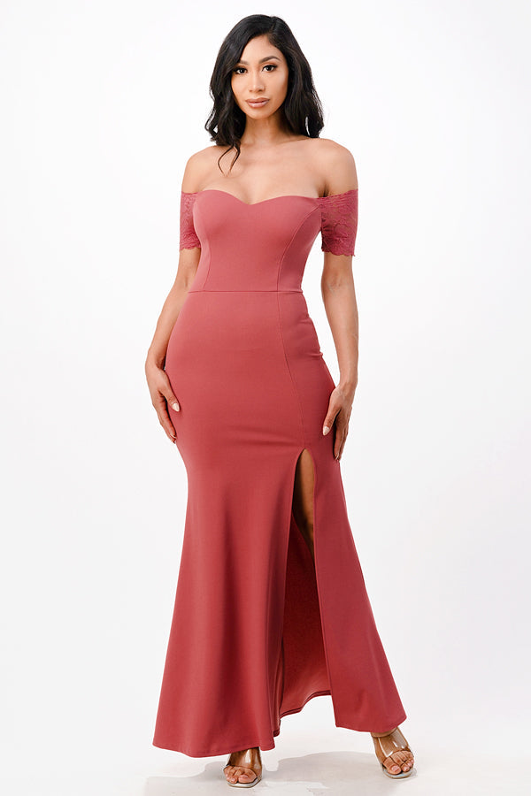Off the shoulder lace detailed scuba crepe Cecil mermaid dress