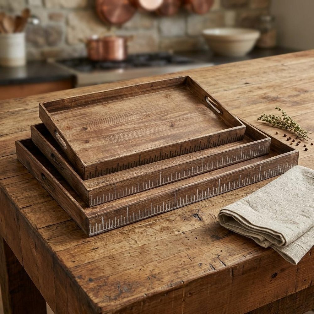 Set of Three Brown Wood Nesting Serving Trays