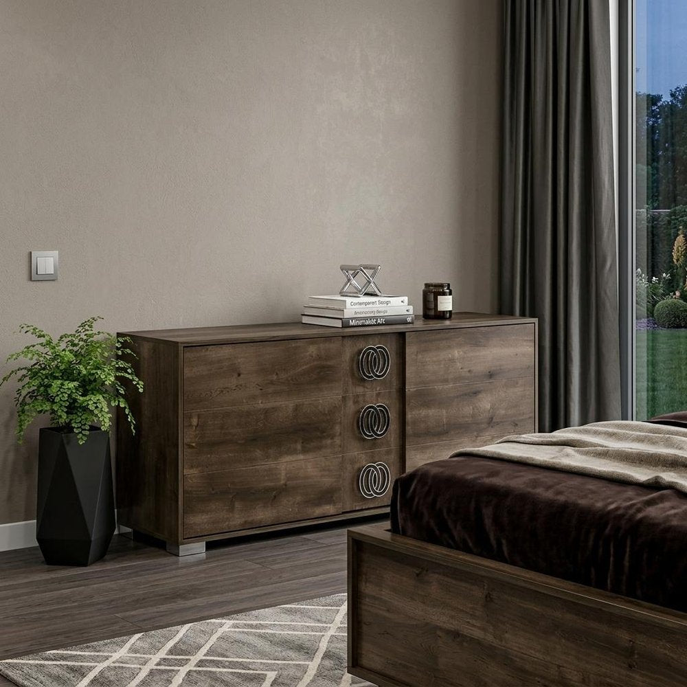 66" Brown Wood Three Drawer Double Dresser