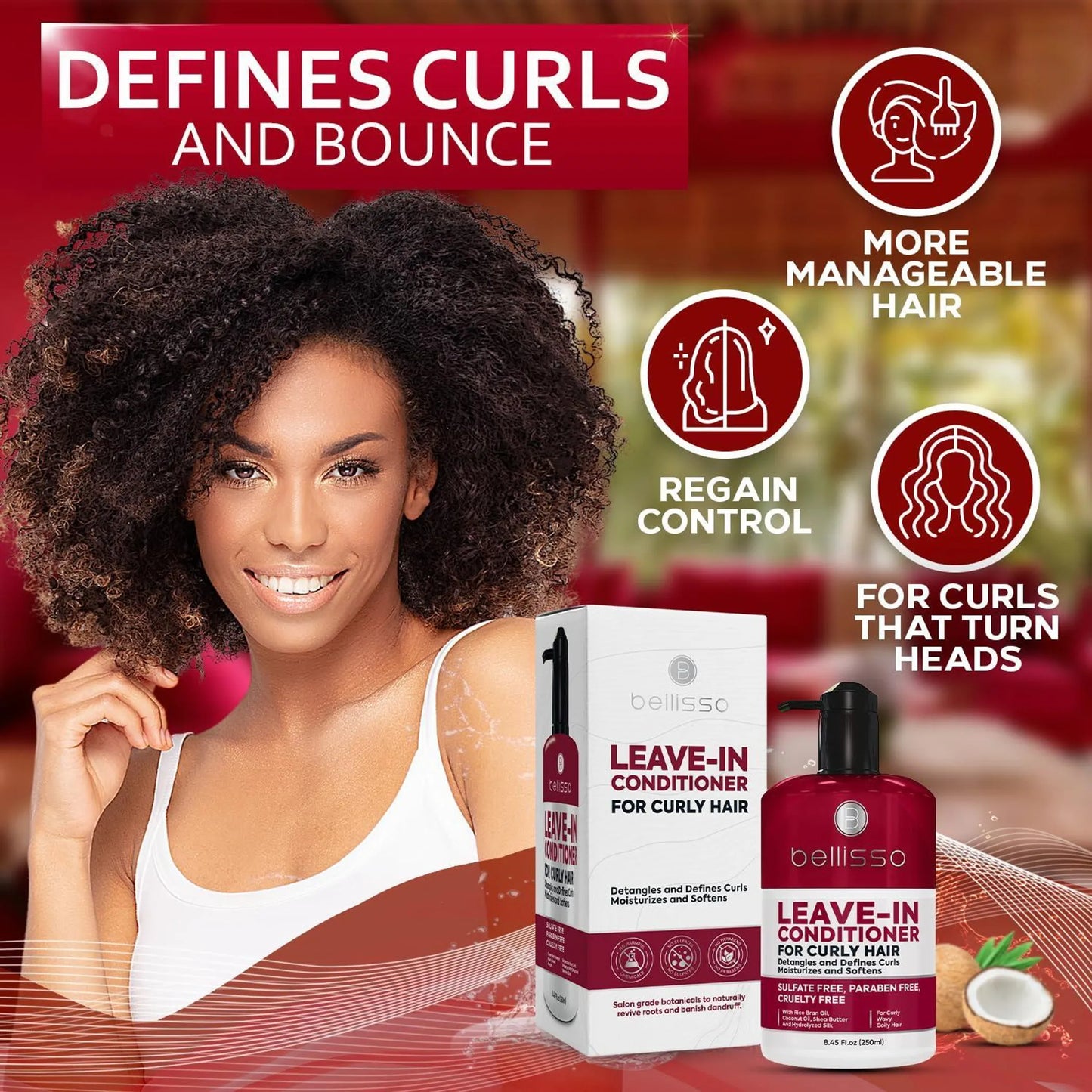 Leave in Conditioner for Curly Hair Frizz Control for Women and Men Restores Dry Damaged and Wavy Hair Detangler Cream and Sulfate Free Anti Static Mo