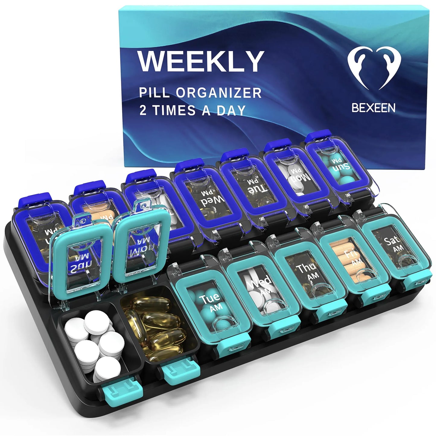 Weekly Pill Organizer 2 Times A Day Airtight Pill Box 7 Day Am Pm Vitamin Case Extra Large Medicine Container Two Week Supplement Holder Daily Medicat