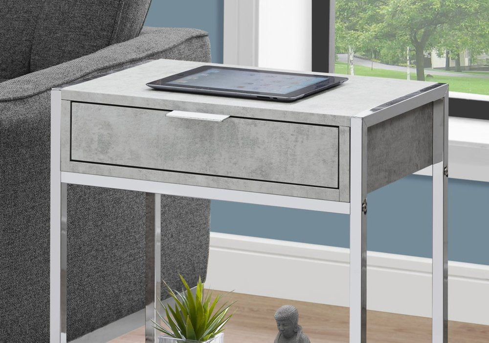 24" Silver And White Wood And Metal End Table With Drawer And Shelf