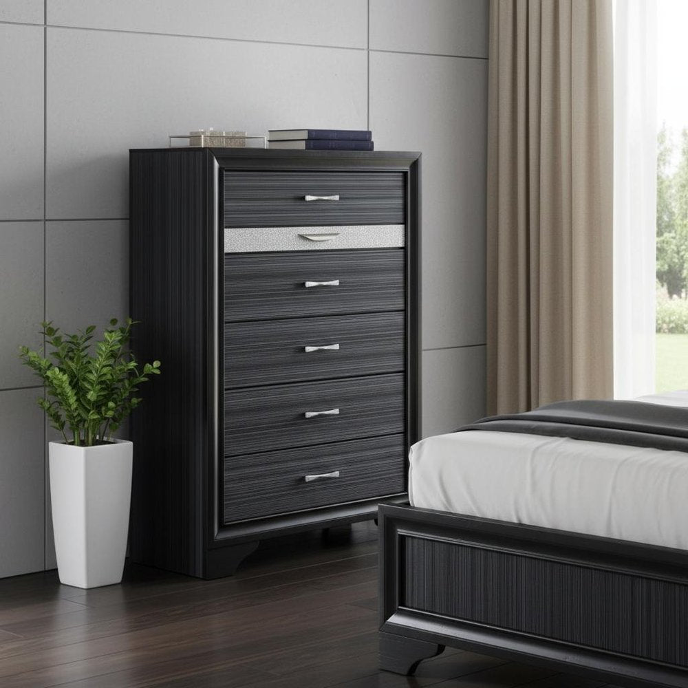 34" Black Solid Wood Six Drawer Chest