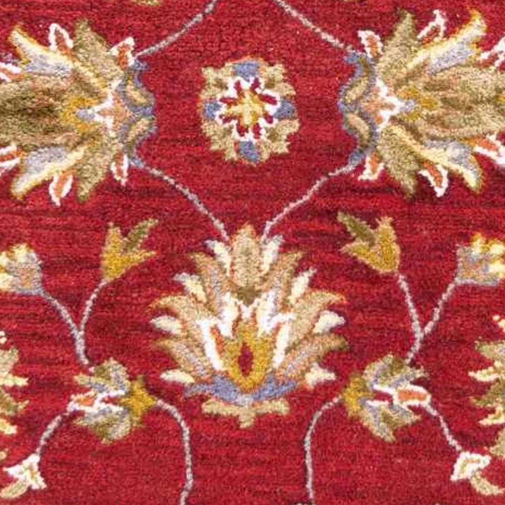 7' Red Ivory And Brown Wool Floral Hand Tufted Runner Rug