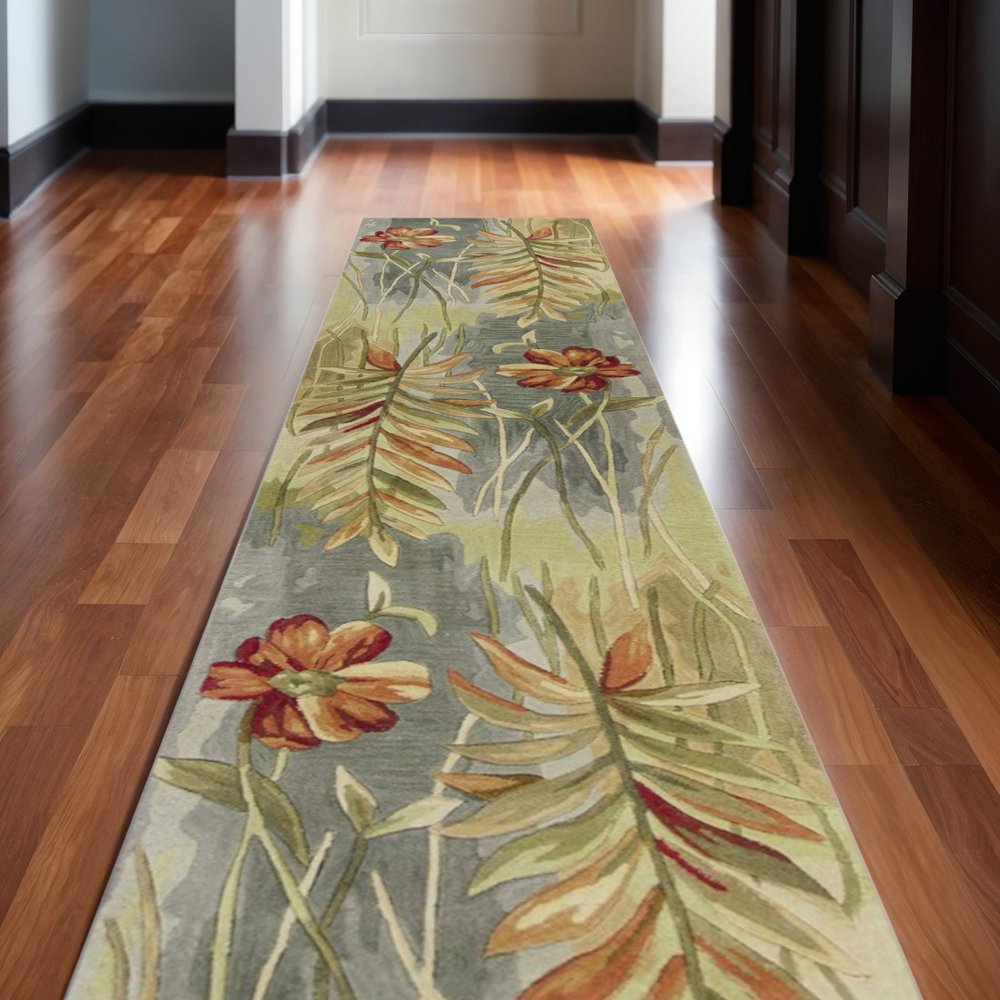 4' X 6' Blue And Green Wool Tropical Botanical Hand Tufted Area Rug