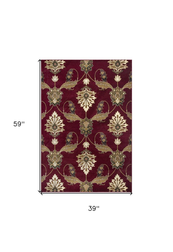7' Red Beige And Brown Floral Vines Octagon Rug