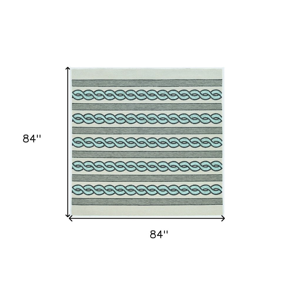 6' X 9' Ivory Light Blue And Gray Geometric Hand Hooked Area Rug