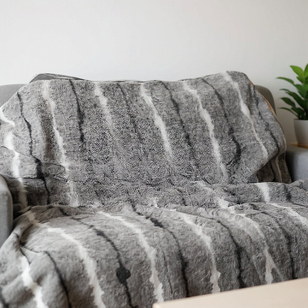 50" X 70" Gray and White Faux Fur Striped Plush Throw Blanket