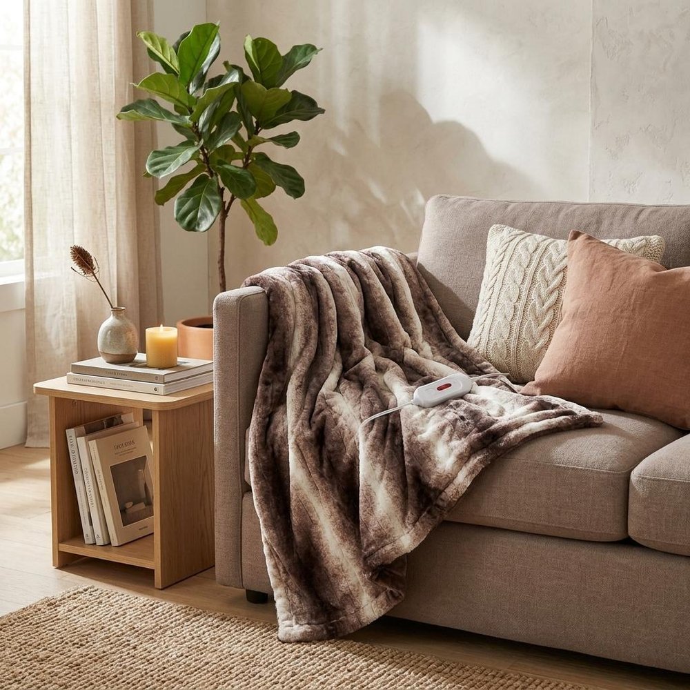 50" X 60" Brown And White Modern Contemporary Heated Throw Blankets