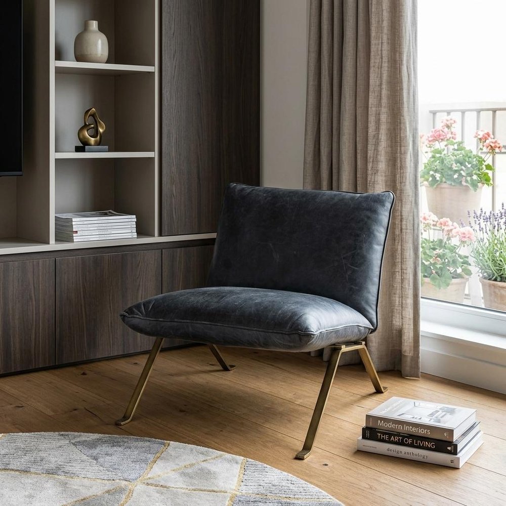 34" Black and Brass Top Grain Leather Distressed Slipper Chair