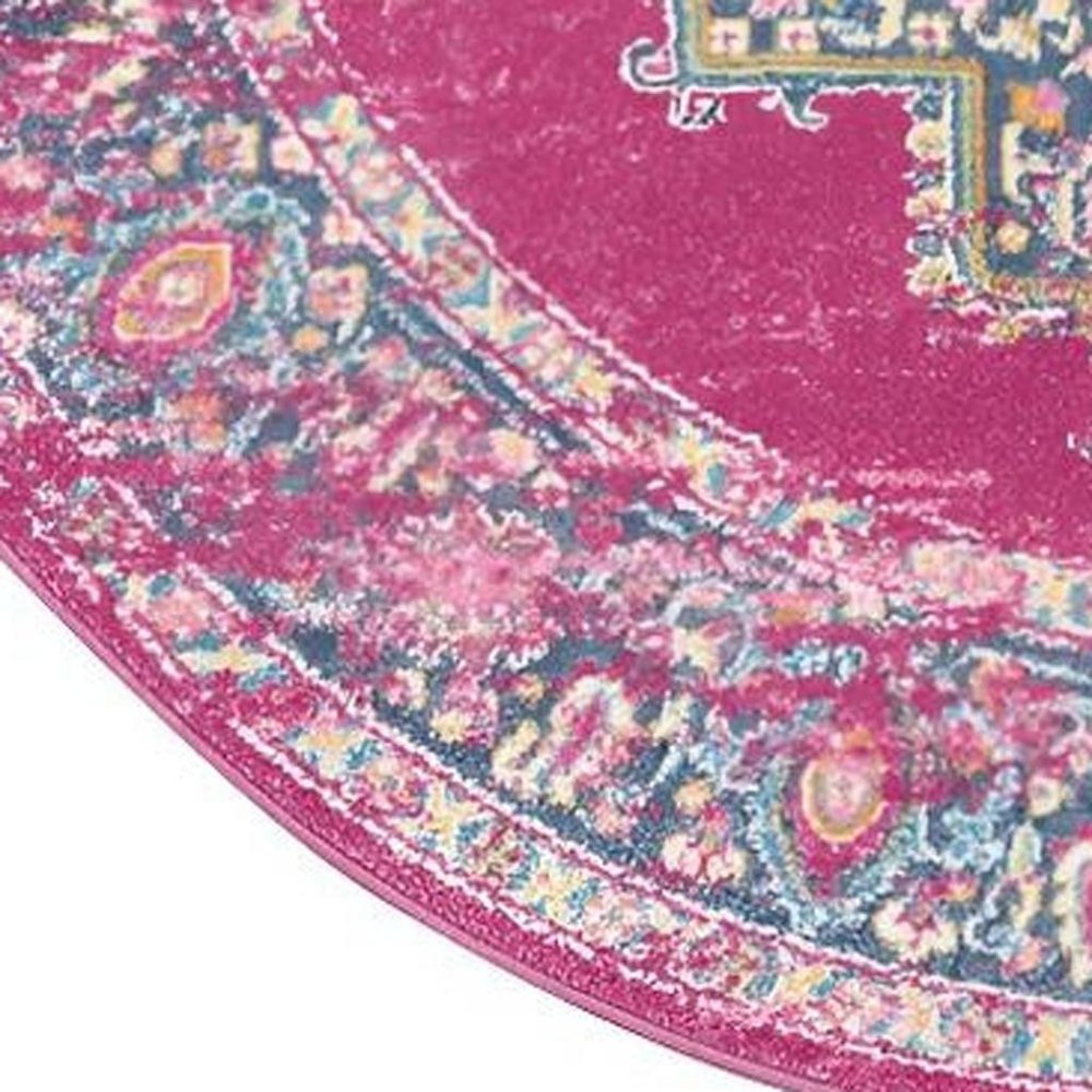 5' X 7' Fuchsia And Blue Oriental Distressed Area Rug