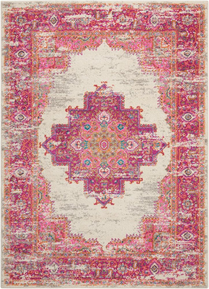 7' X 10' Ivory And Fuchsia Oriental Distressed Area Rug