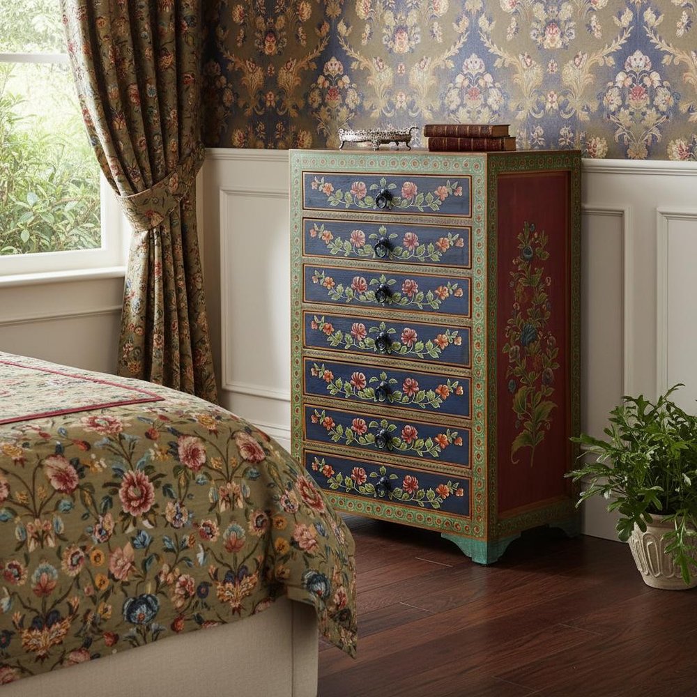 21" Blue and Green Solid Wood Seven Drawer Standard Chest
