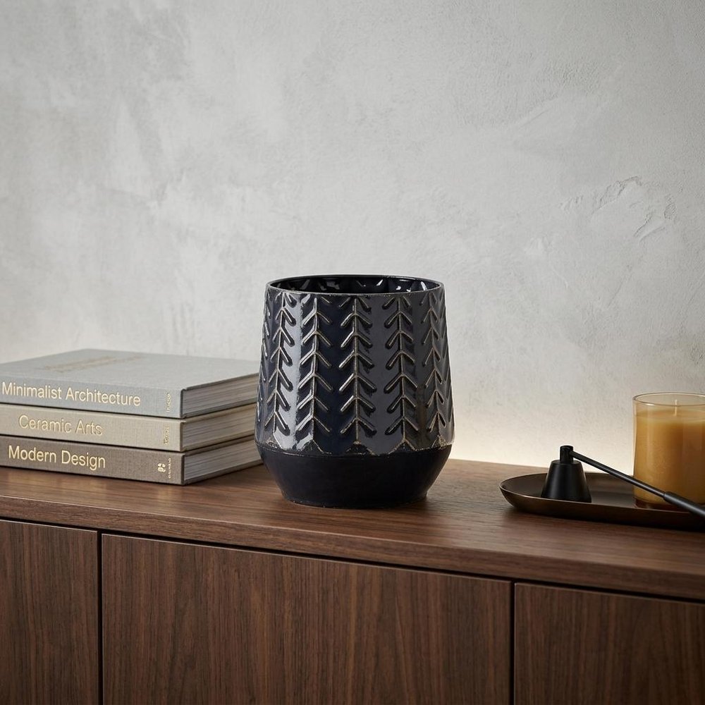7" Navy Organically Embossed Chevron Metal Vase