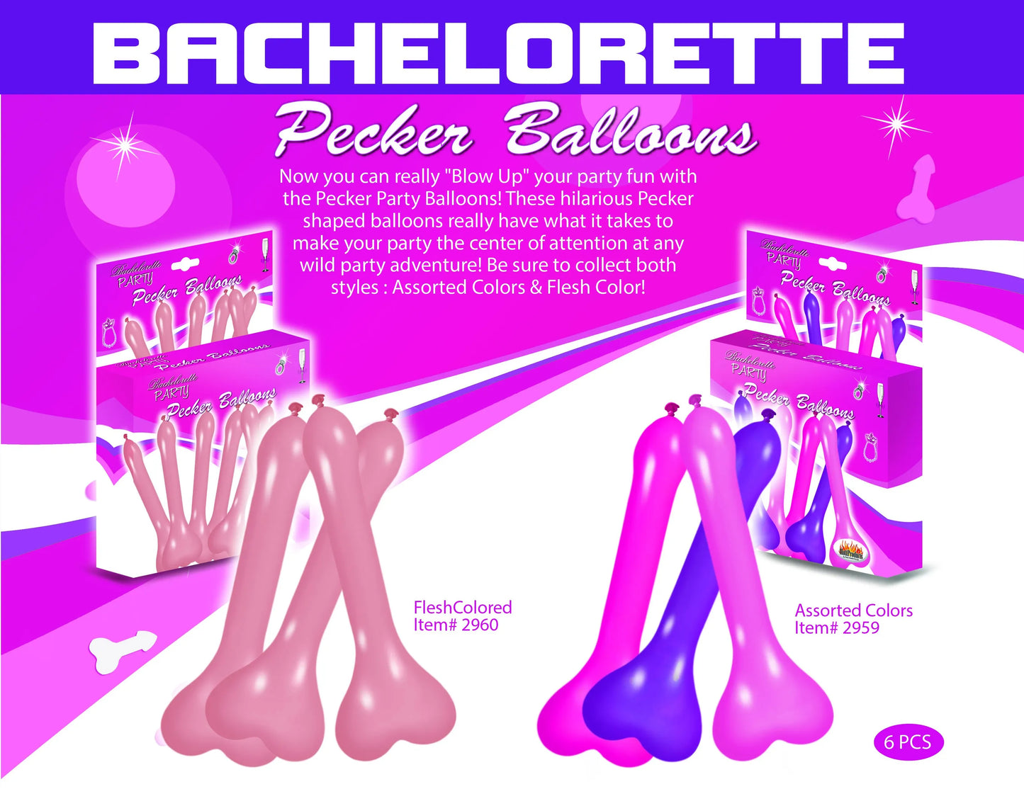 PECKER BALLOONS ASST 6PC BOX