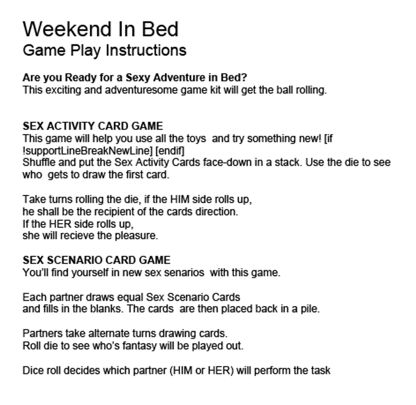 BEHIND CLOSED DOORS WEEKEND IN BED GAME KIT