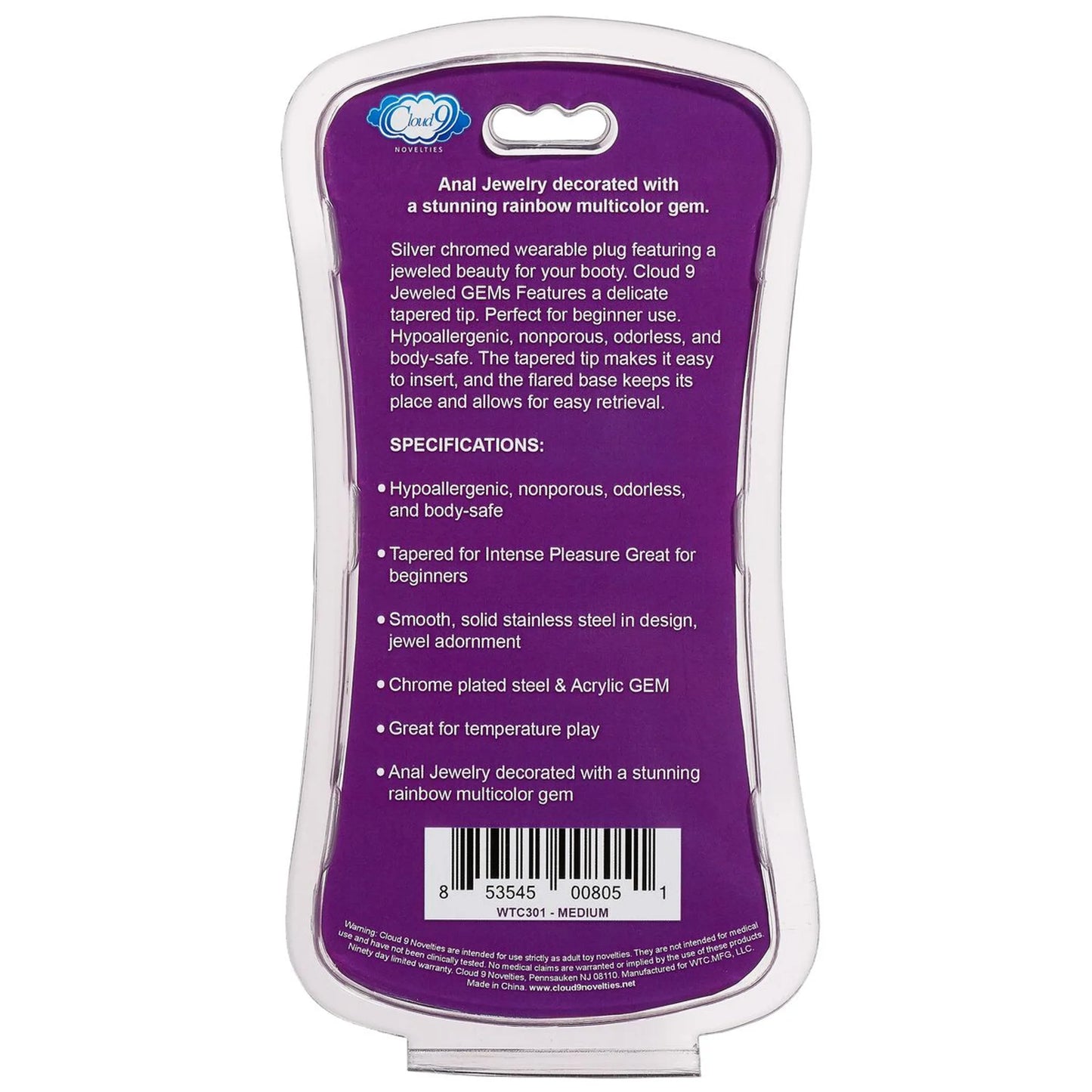 CLOUD 9 GEMS SILVER CHROMED ANAL PLUG MEDIUM