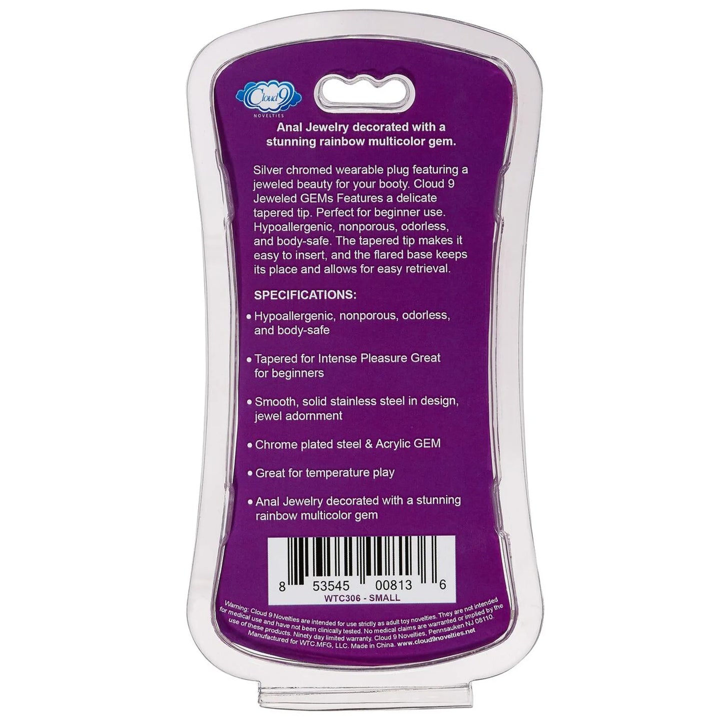 CLOUD 9 GEMS SILVER CHROMED TALL ANAL PLUG SMALL