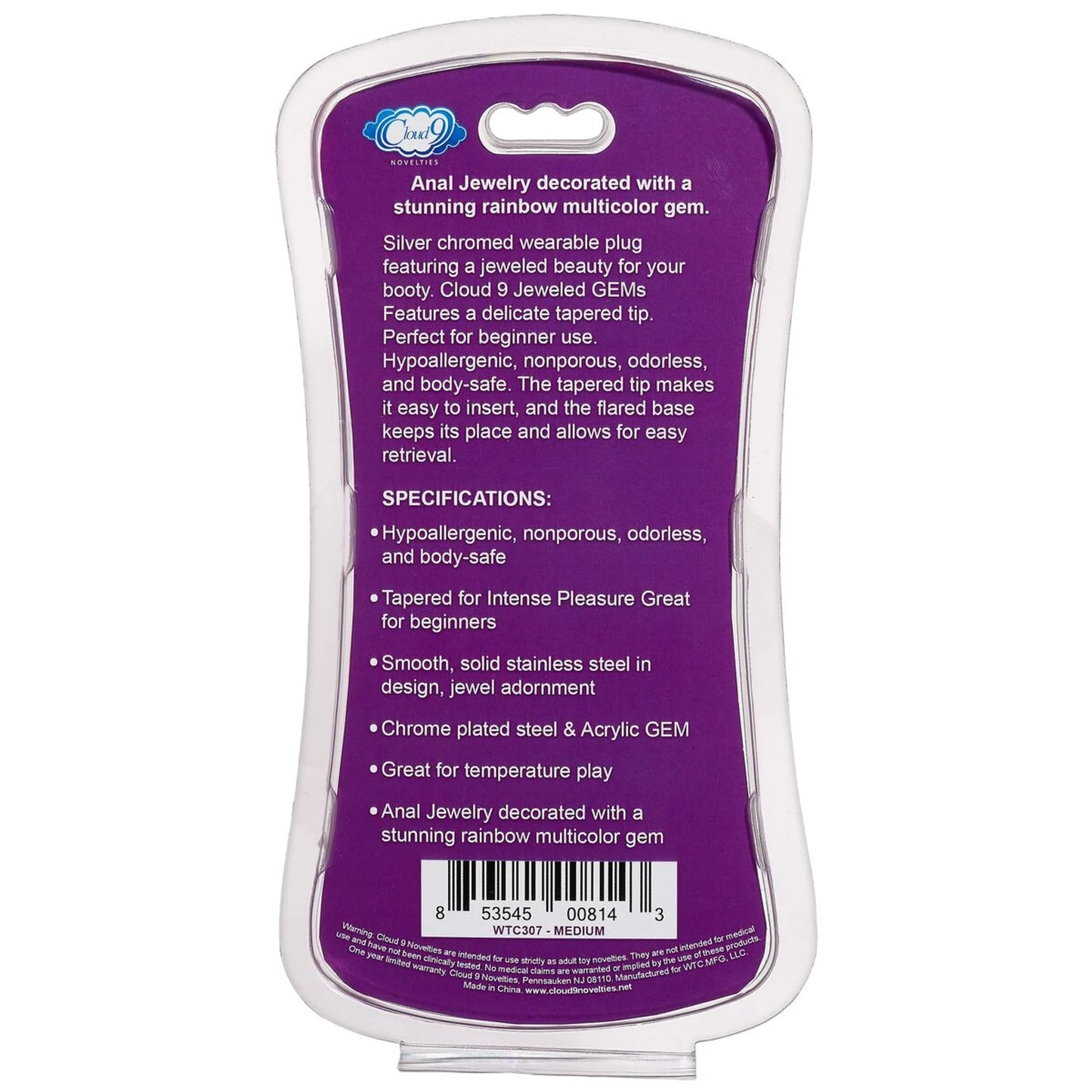 CLOUD 9 GEMS SILVER CHROMED TALL ANAL PLUG MEDIUM