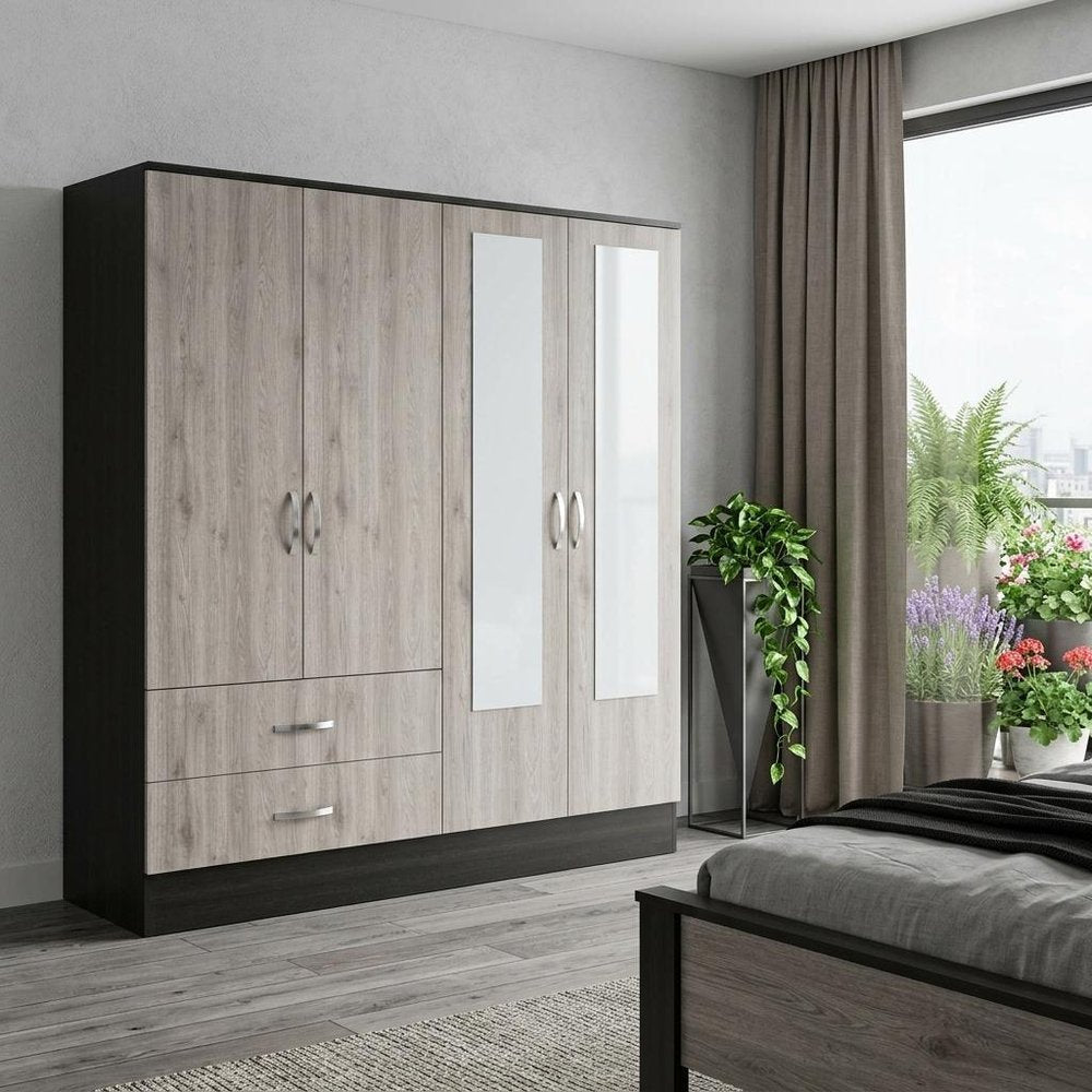 63" Brown And Black Wood Mirrored Two Drawer Dresser