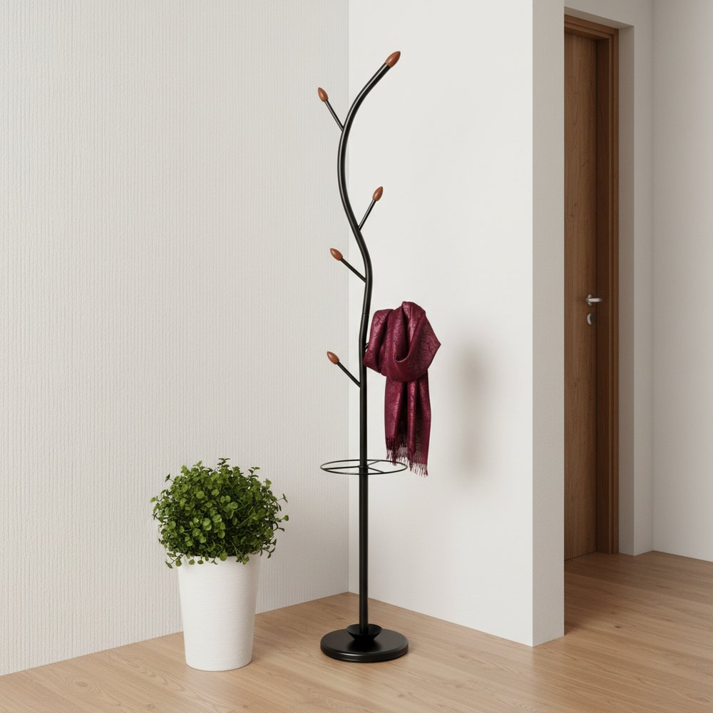 76-Inch-Long Billie Black Tree Coat Rack Walnut Hooks w Umbrella Stand