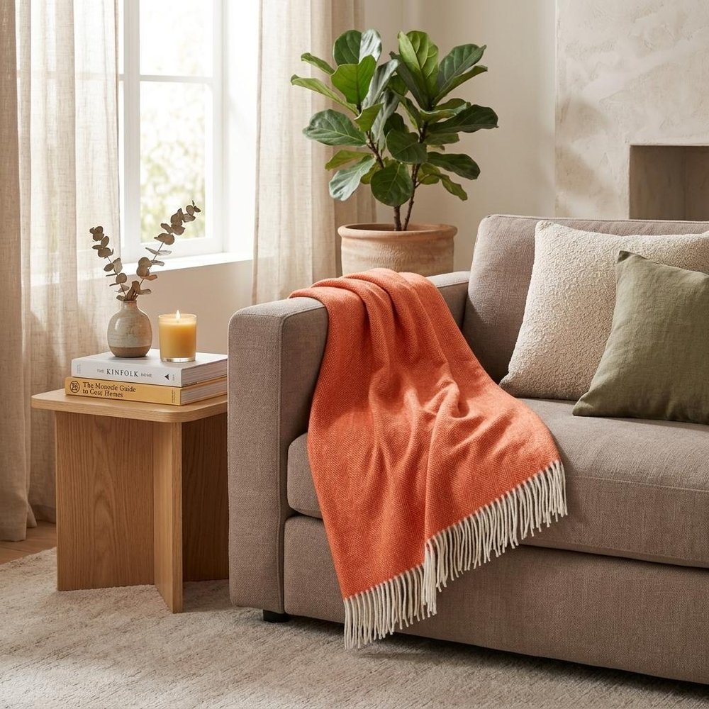 50" X 60" Orange And White Woven Herringbone Plush Throw Blanket
