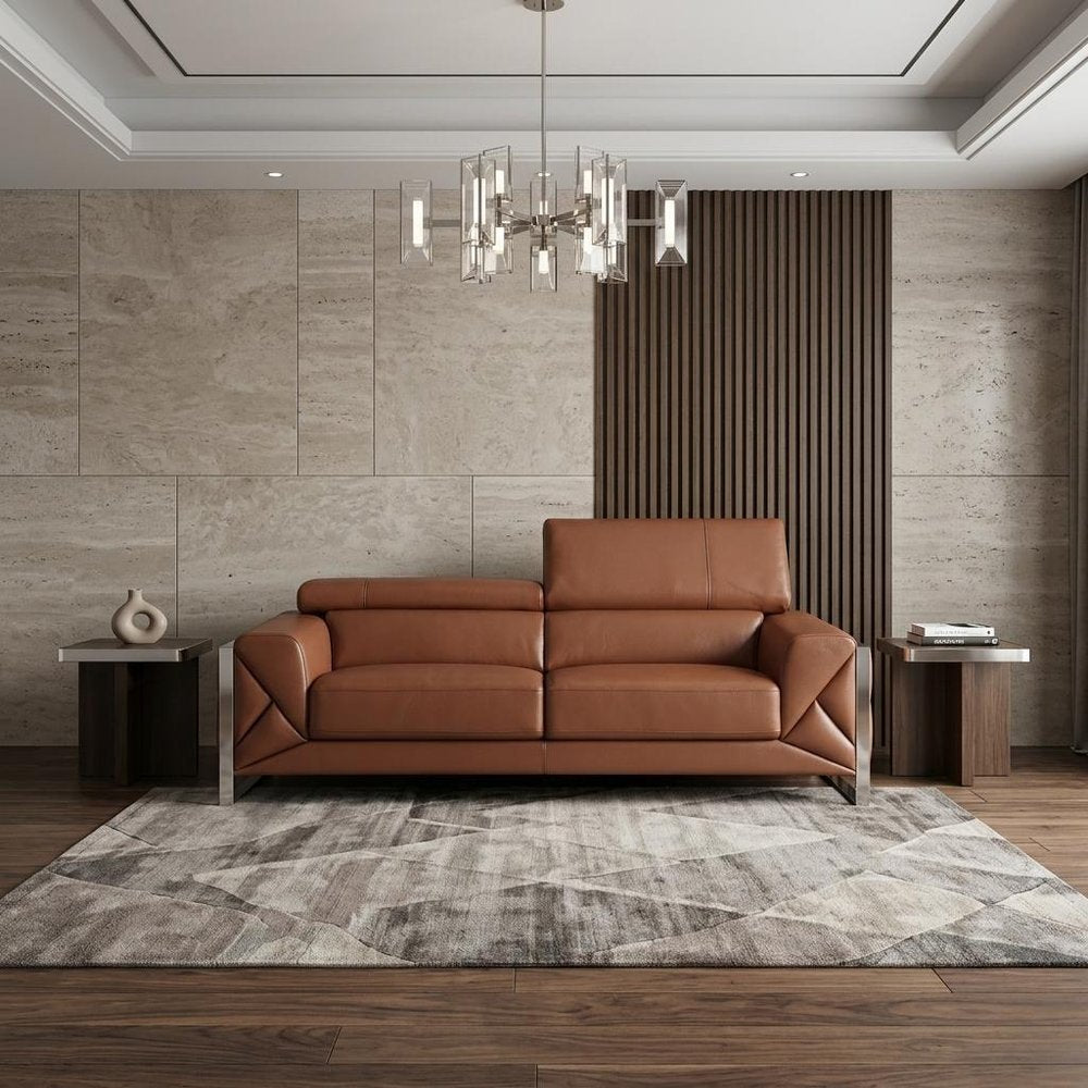 89" Light Blue Italian Leather Sofa With Chrome Legs