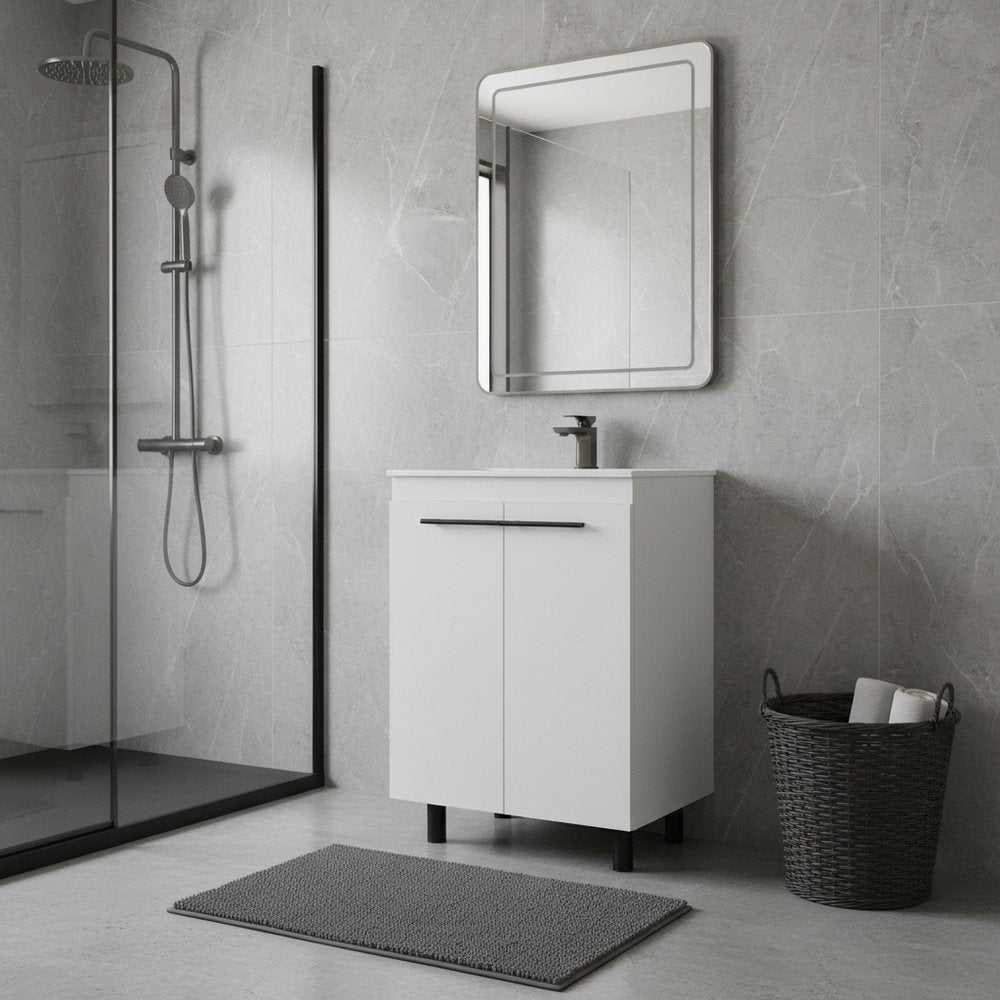 24" White Wood Freestanding Double Door Bathroom Vanity With Sink