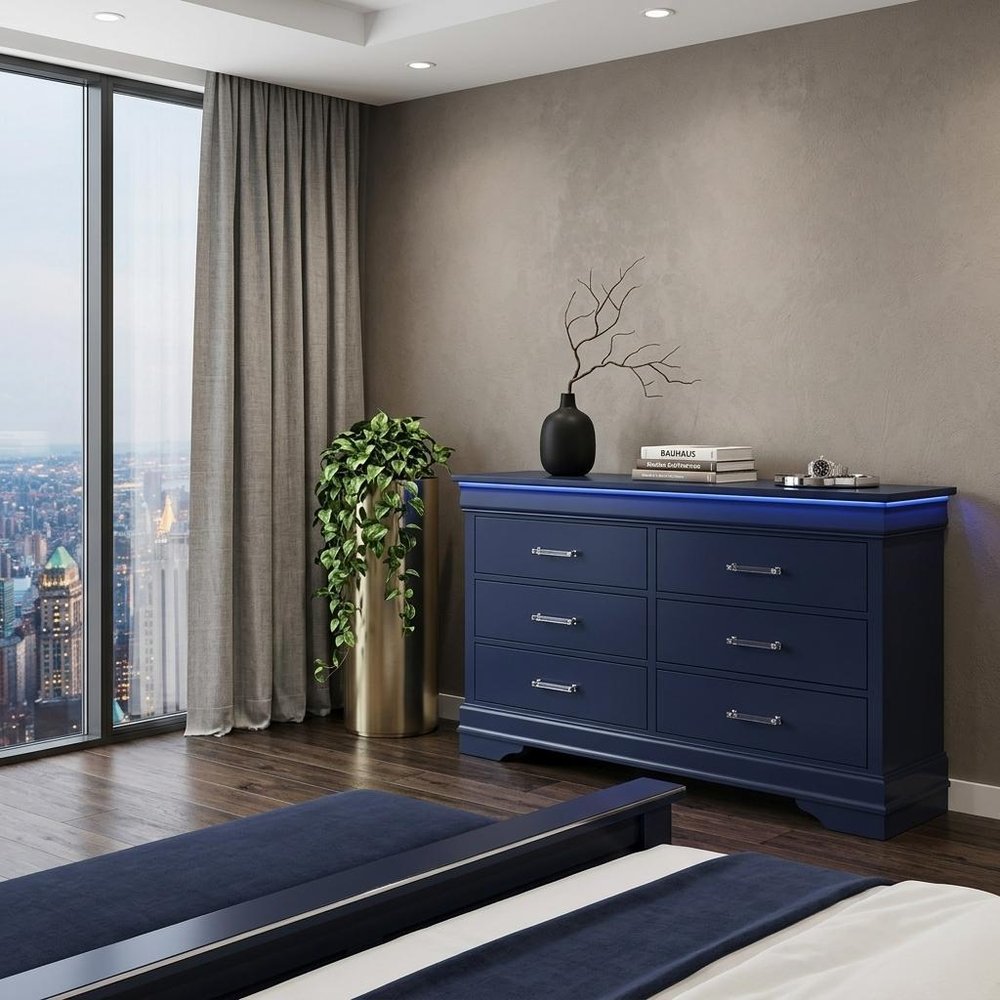 59" Blue Solid Wood Lighted Six Drawer Double Dresser