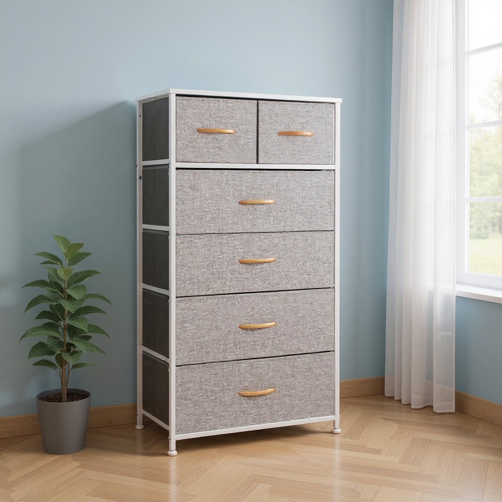 23" Gray and Black Steel and Fabric Six Drawer Chest