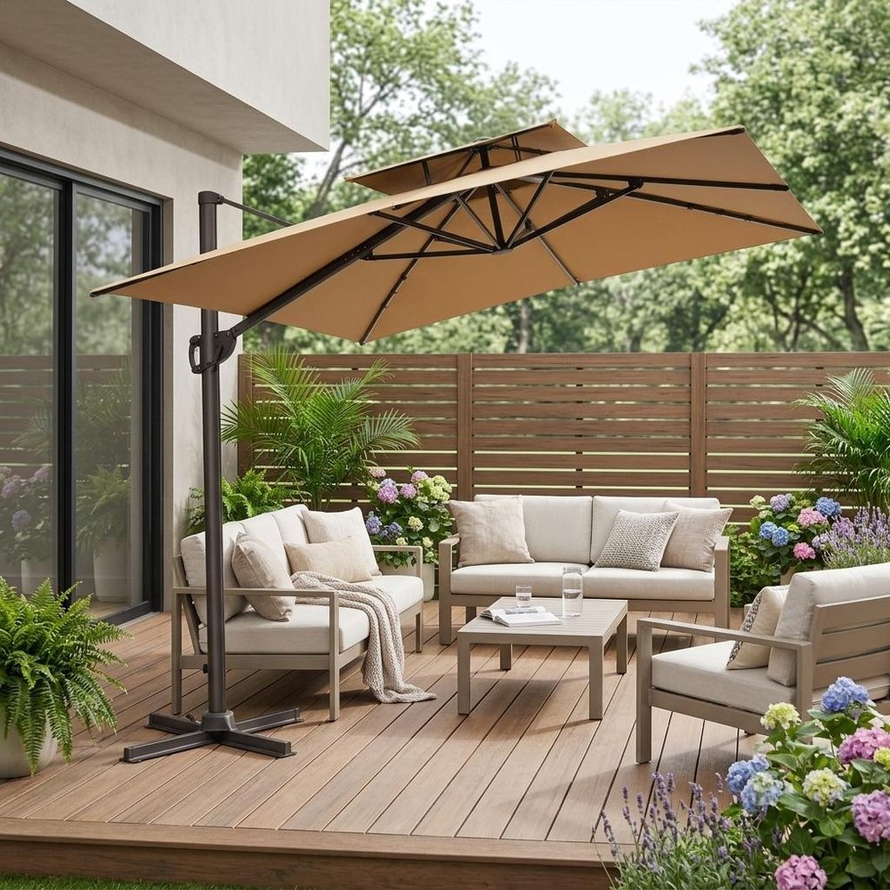 15" Tan Polyester Round Tilt Cantilever Patio Umbrella with Stand