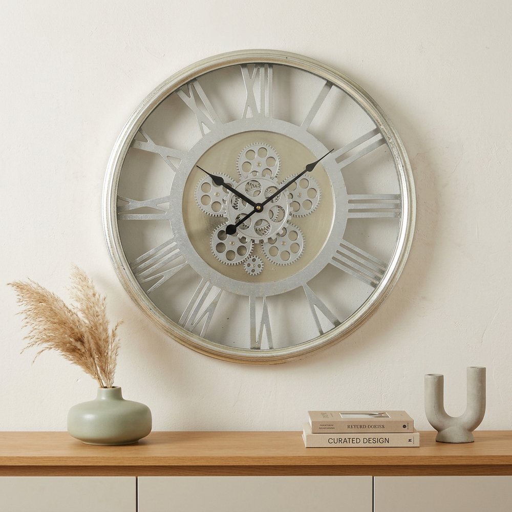 21" Circle Silver Metal and Glass Analog Exposed Gear Wall Clock