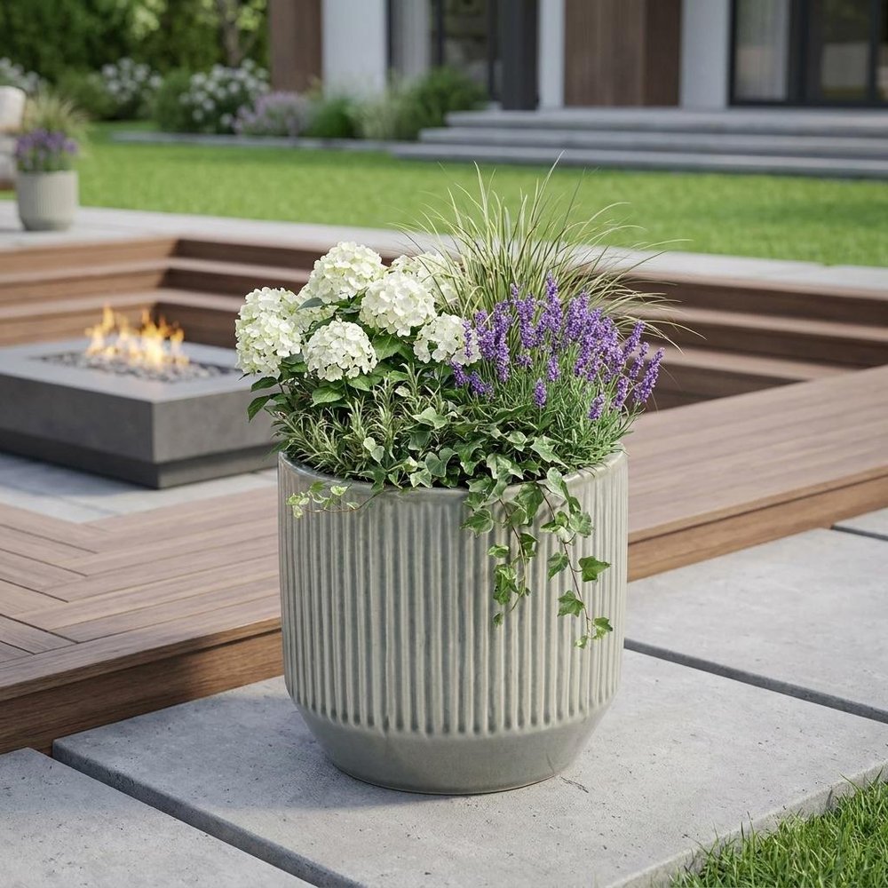 6" Gray Striped Ceramic Indoor Outdoor Round Pot Planter