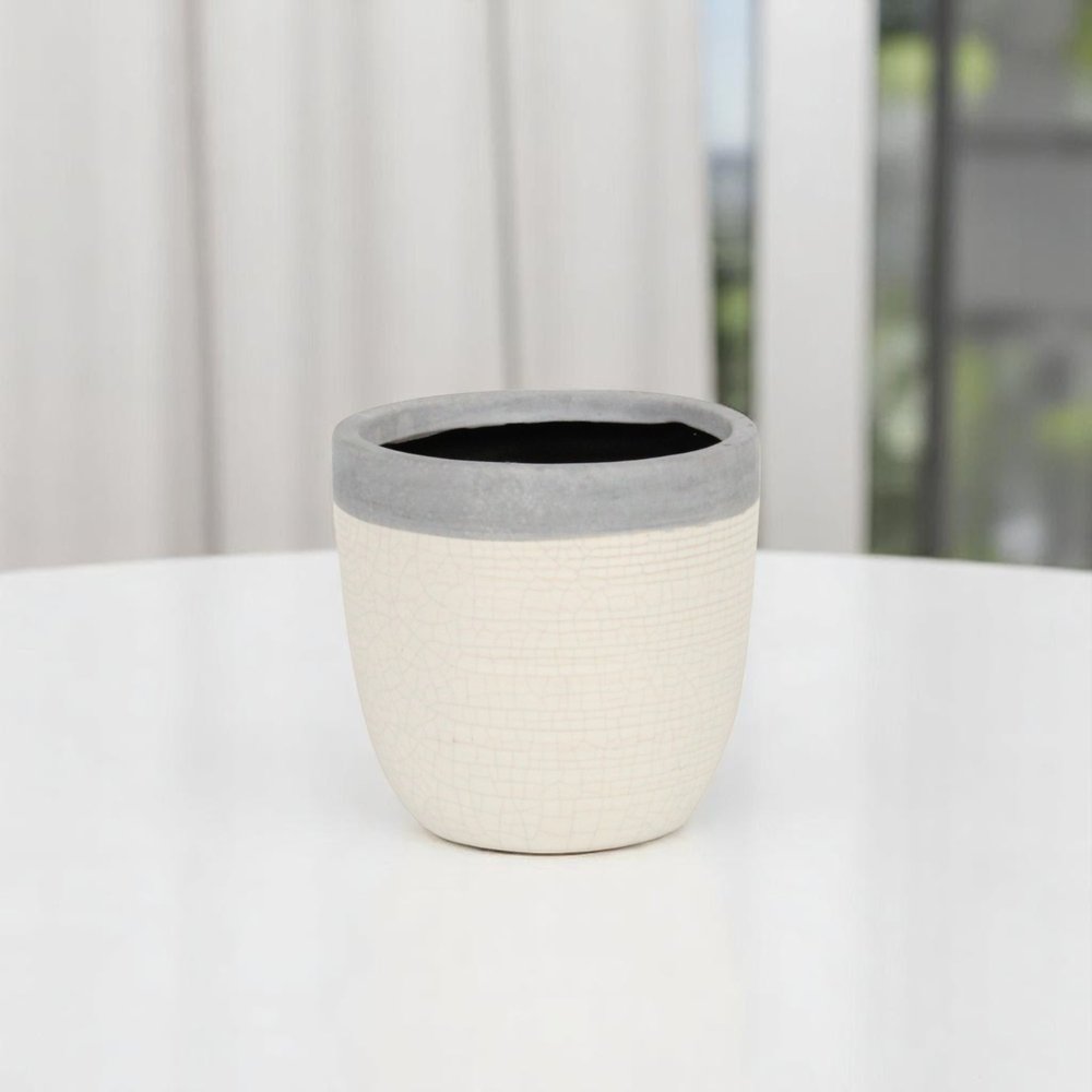 Gray And Ivory Ceramic 41 Ounce Crackle Round Distressed Pot Planter