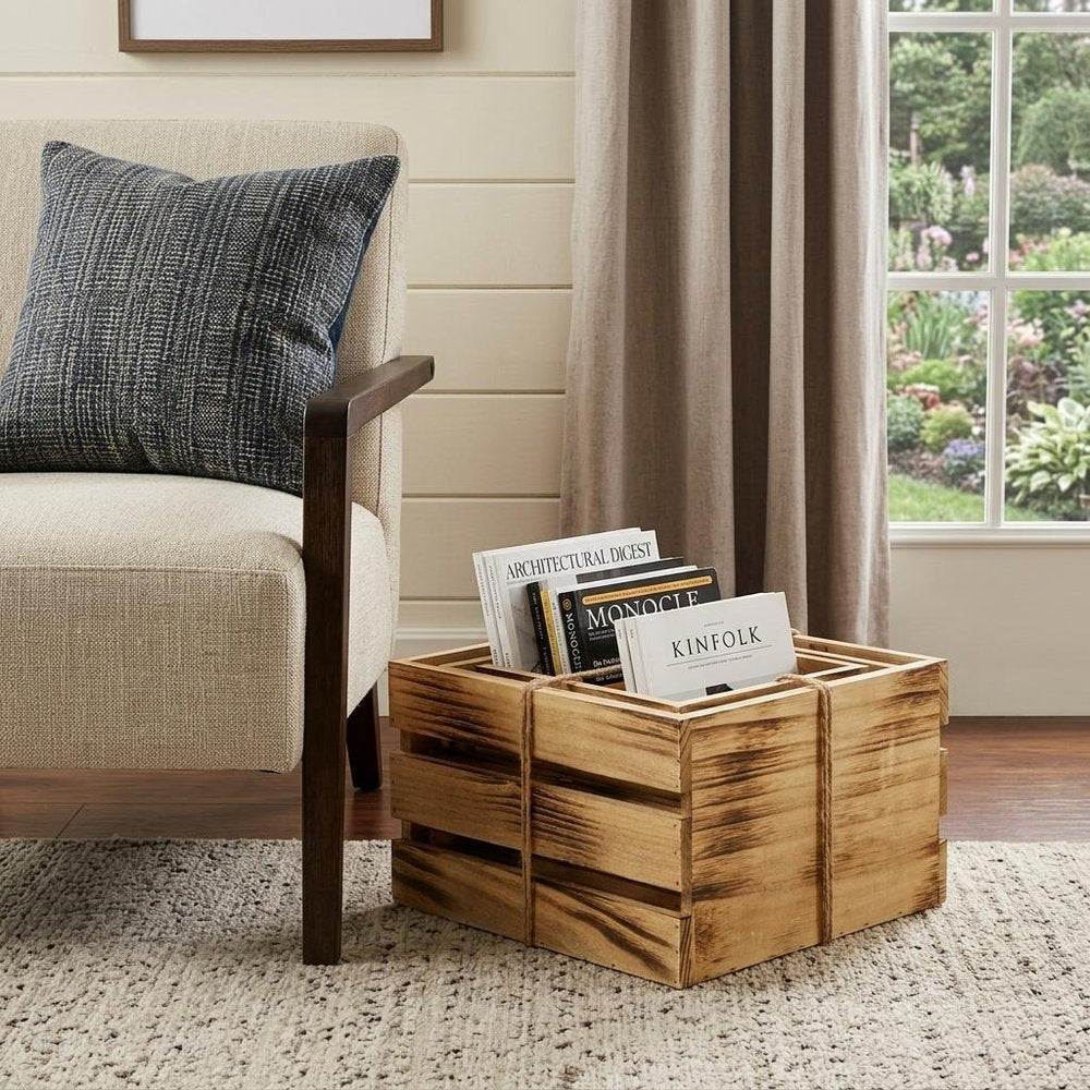 Set of Three Brown Nesting Solid Wood Crate