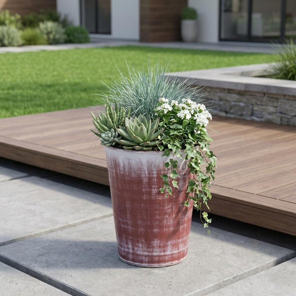 5" Brown and Ivory Textural Tone On Tone Recycled Plastic Indoor Outdoor Round Pot Planter