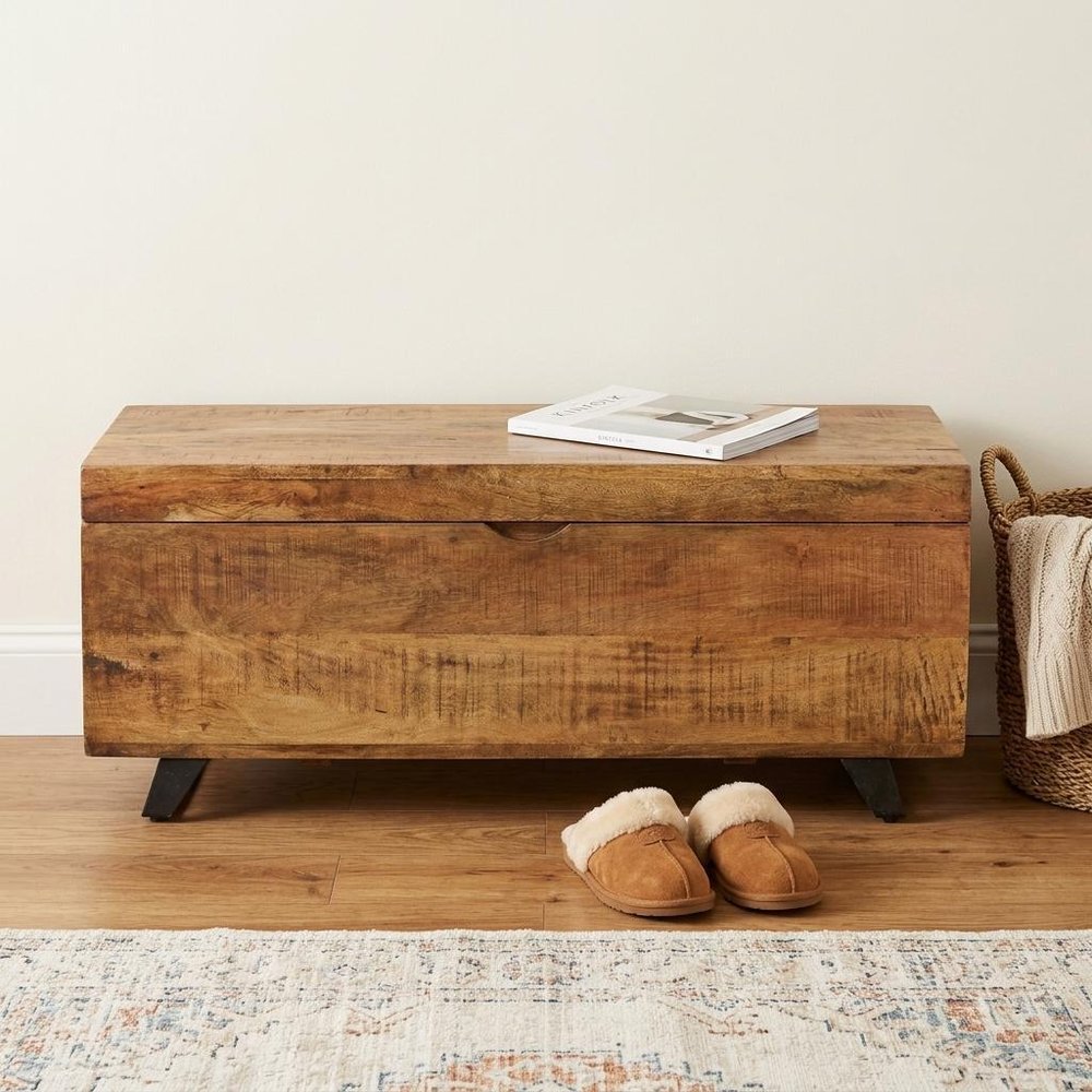 46" Brown and Black Distressed Solid Wood Storage Bench with Flip Top