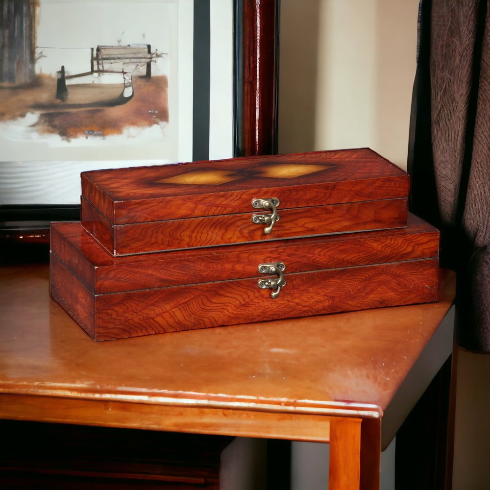 Set of Two Brown Nesting Wood Organizing Box With Lid