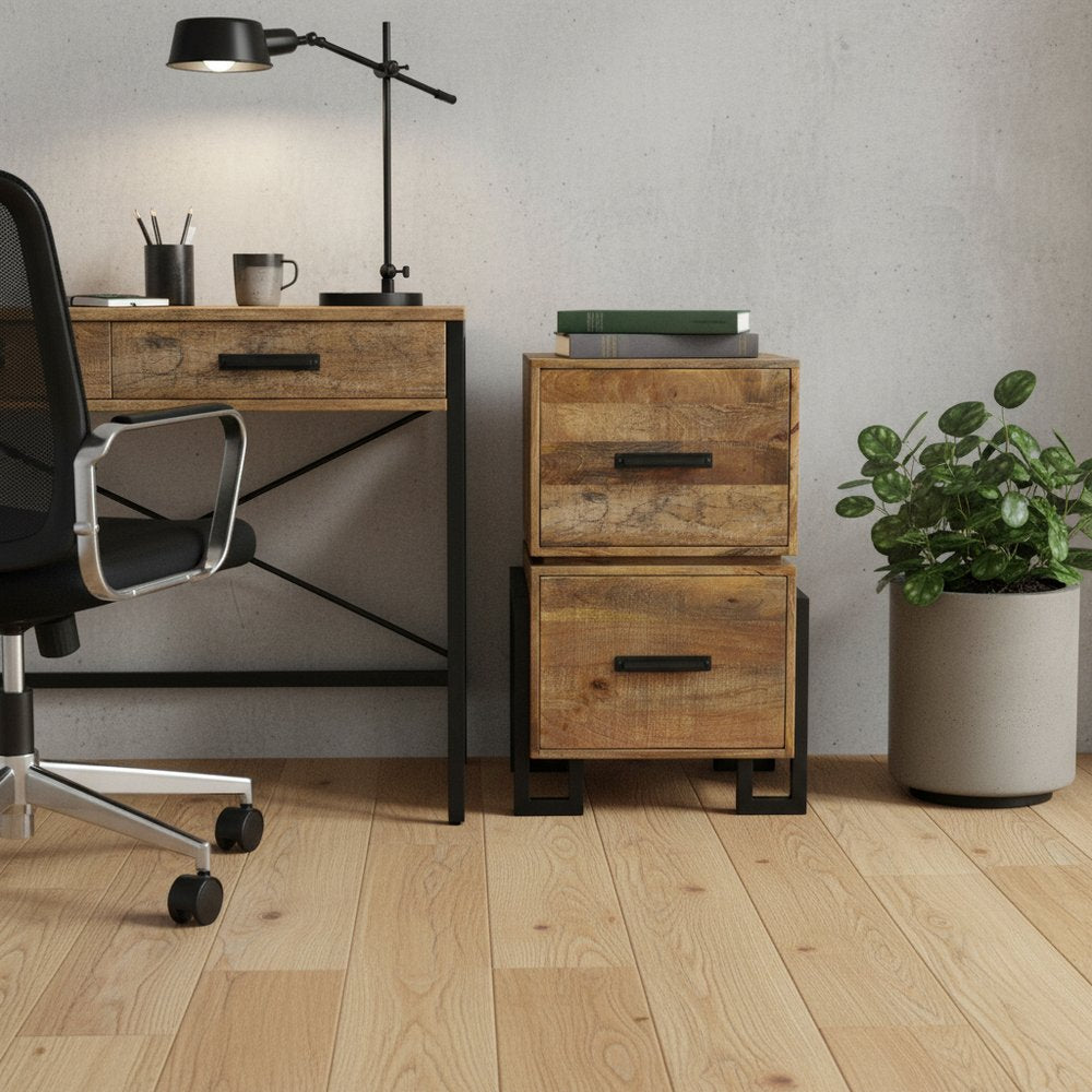 31" Brown And Black Distressed Solid Wood And Iron Two Drawer Filing Cabinet